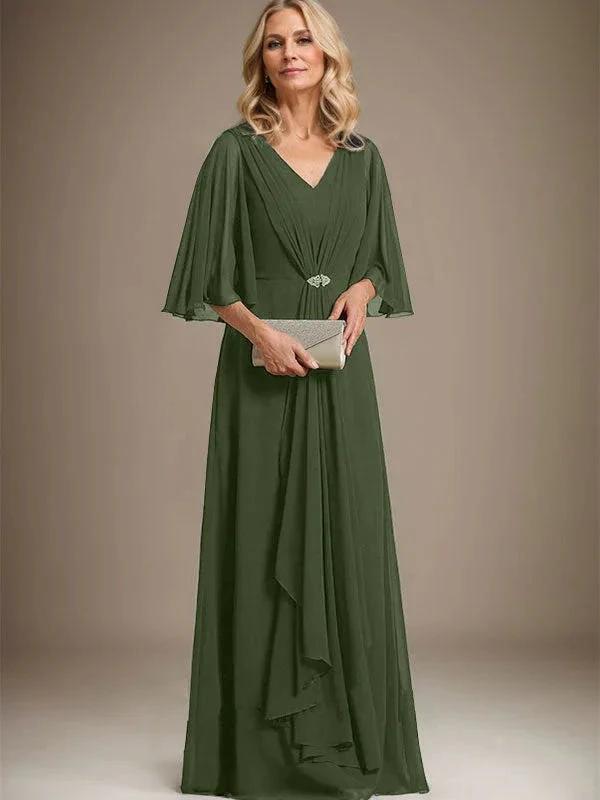 A-line V-Neck Floor-Length Chiffon Mother of the Bride Dress With Cascading Ruffles Crystal Brooch by Dreamylily