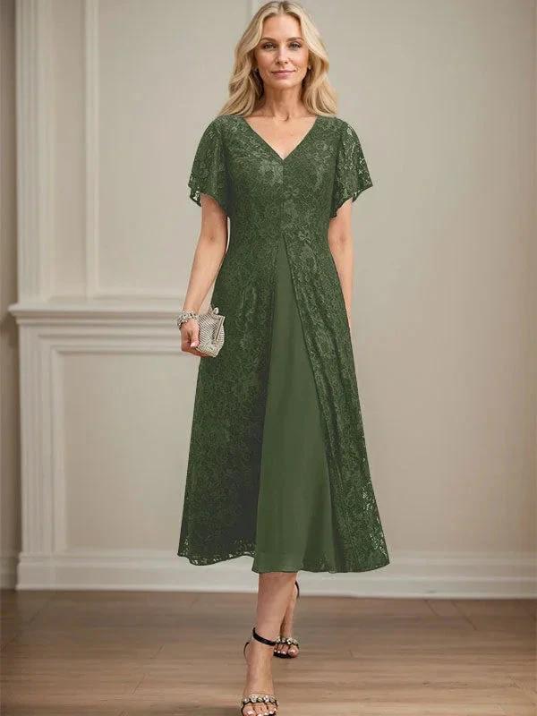 A-line V-Neck Tea-Length Lace Chiffon Mother of the Bride Dress by Dreamylily