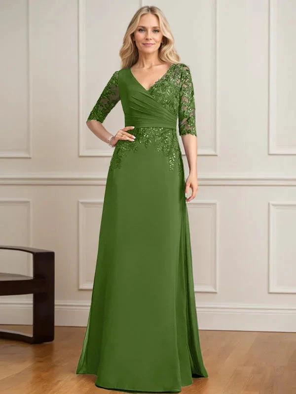 A-line V-Neck Floor-Length Lace Chiffon Mother of the Bride Dress With Pleated Sequins by Dreamylily