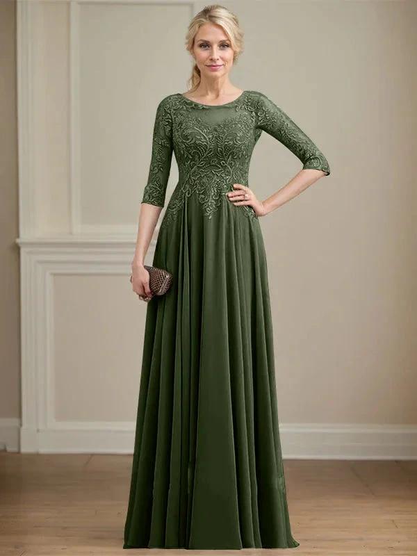 A-line Scoop Illusion Floor-Length Lace Chiffon Mother of the Bride Dress With Sequins by Dreamylily