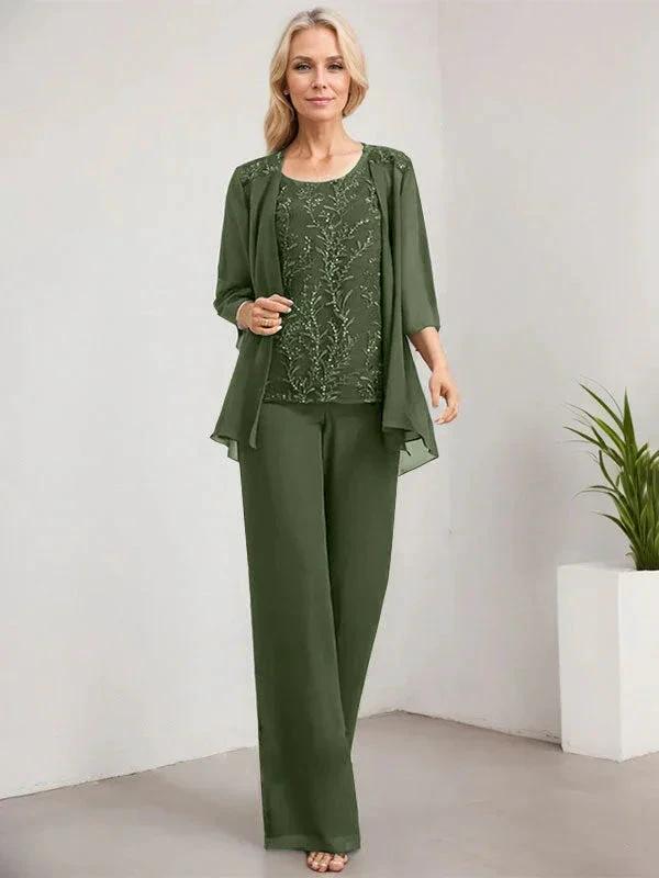 Separates Jumpsuit/Pantsuit Scoop Floor-Length Lace Chiffon Mother of the Bride Dress With Sequins by Dreamylily