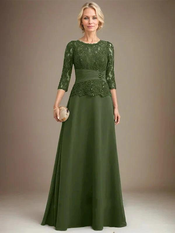 A-line Scoop Illusion Floor-Length Chiffon Lace Mother of the Bride Dress With Pleated Sequins Beading by Dreamylily