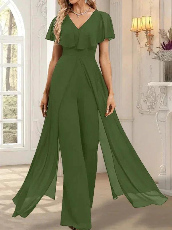 Jumpsuit/Pantsuit V-Neck Floor-Length Chiffon Evening Dress by Dreamylily