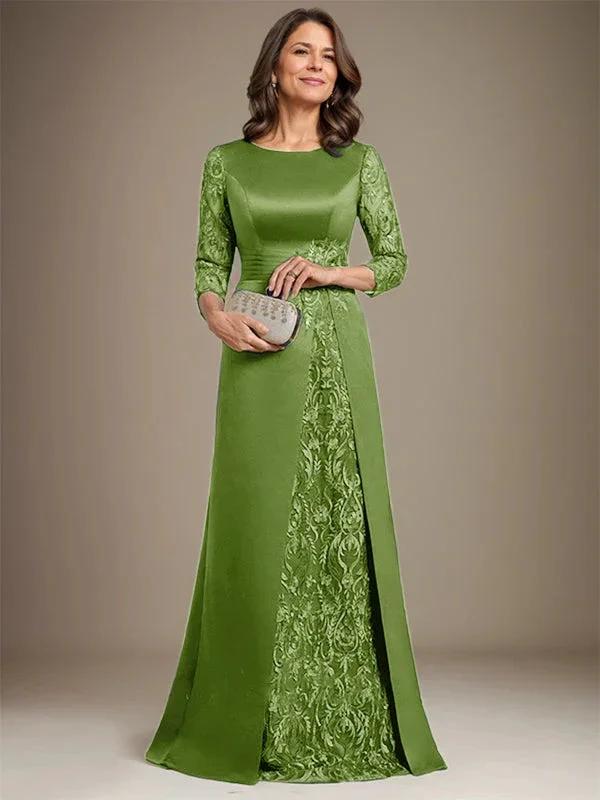 A-Line Scoop Floor-Length Lace Satin Mother Of the Bride Dress With Applique by Dreamylily