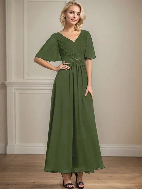 A-line V-Neck Ankle-Length Chiffon Mother of the Bride Dress With Pleated Beading Sequins by Dreamylily