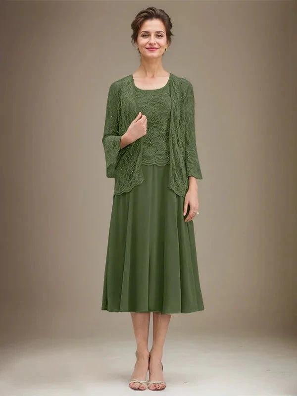 A-line Scoop Tea-Length Lace Chiffon Mother of the Bride Dress With Sequins by Dreamylily