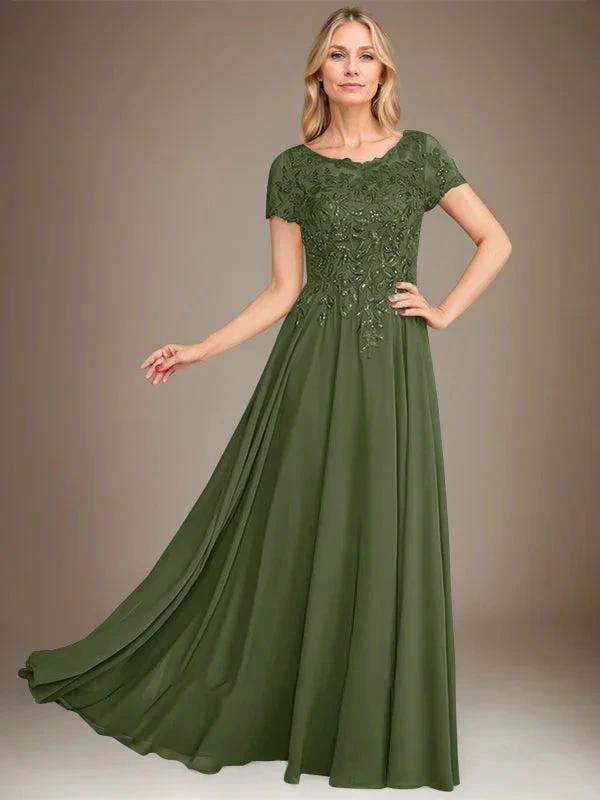 A-Line Scoop Floor-Length Chiffon Mother of the Bride Dress With Applique &amp; Sequins by Dreamylily