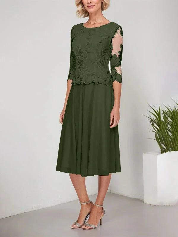 A-line Scoop Tea-Length Lace Chiffon Mother of the Bride Dress With Embroidery by Dreamylily