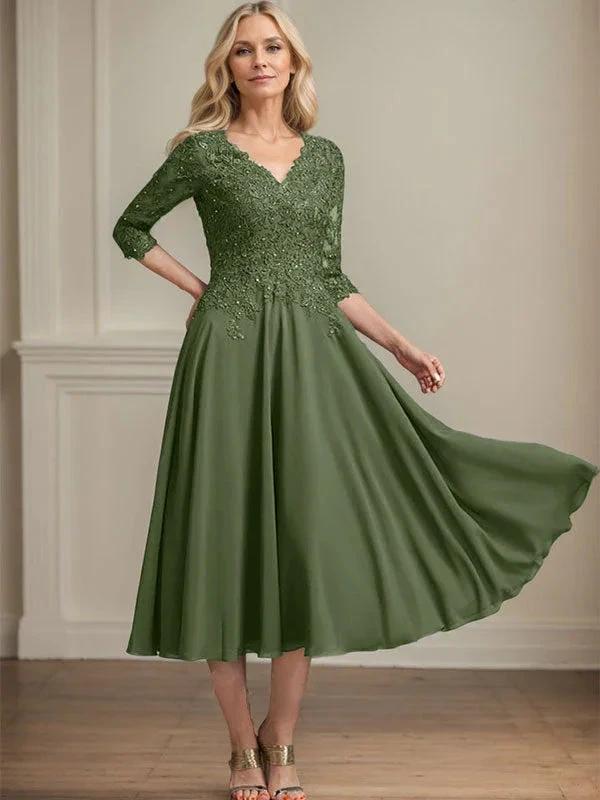 A-line V-Neck Tea-Length Chiffon Lace Mother of the Bride Dress With Beading Sequins by Dreamylily