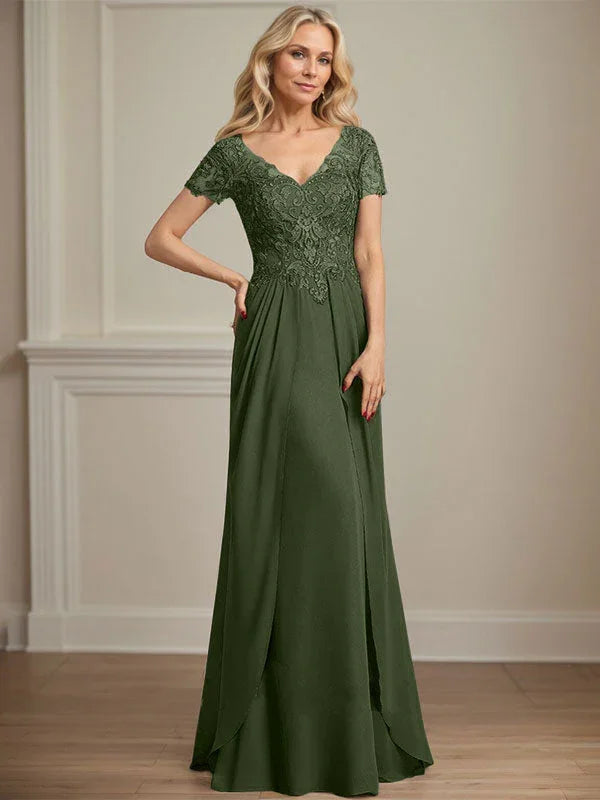 A-line V-Neck Floor-Length Chiffon Lace Mother of the Bride Dress by Dreamylily