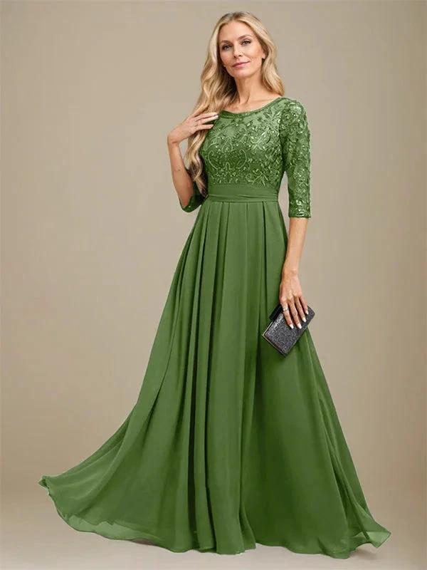 A-Line Scoop Floor-Length Lace Chiffon Mother Of the Bride Dress With Sequins Applique by Dreamylily