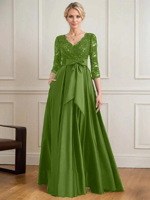 A-line V-Neck Floor-Length Satin Lace Mother of the Bride Dress With Sequins Bow by Dreamylily