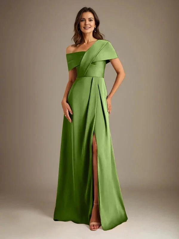 A-Line Asymmetrical Neckline Floor-Length Satin Mother of the Bride Dress With Pleated by Dreamylily