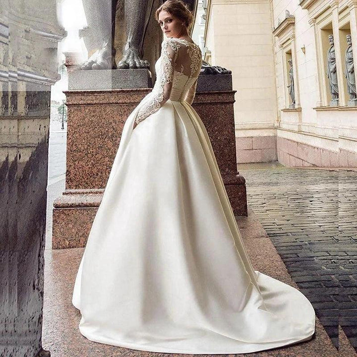 Pleat Satin Wedding Dresses 2023 Lace Appliques Sweep Train Long Sleeve Neck Formal Occasion Bridal dress robe de mariée by payinti