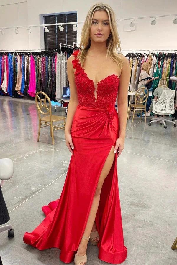 One-Shoulder 3D Floral Lace Pleated Red Prom Gown with Slit PSK496 by pgmdress