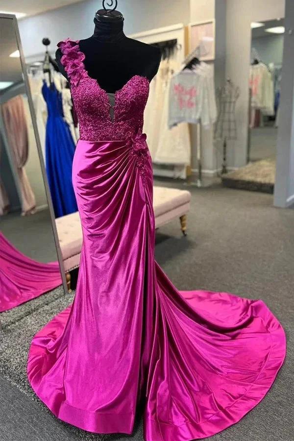 One-Shoulder 3D Floral Lace Pleated Red Prom Gown with Slit PSK496 by pgmdress