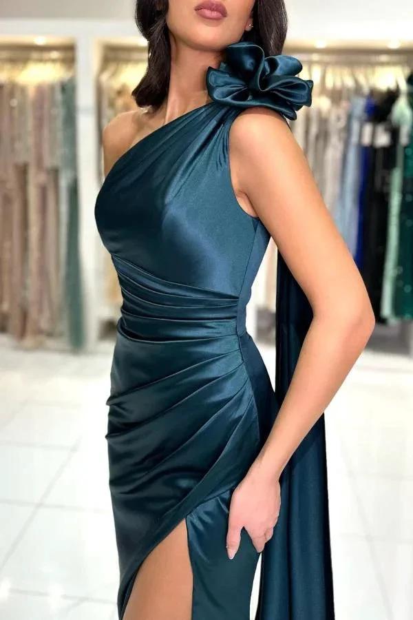 Chic One-Shoulder Sleeveless Floor-Length Split Front Prom Dresses by BIZTUNNEL