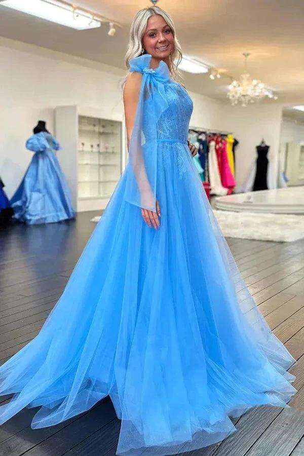 One Shoulder Blue Lace Long Prom Dresses with Slit PSK537 by pgmdress