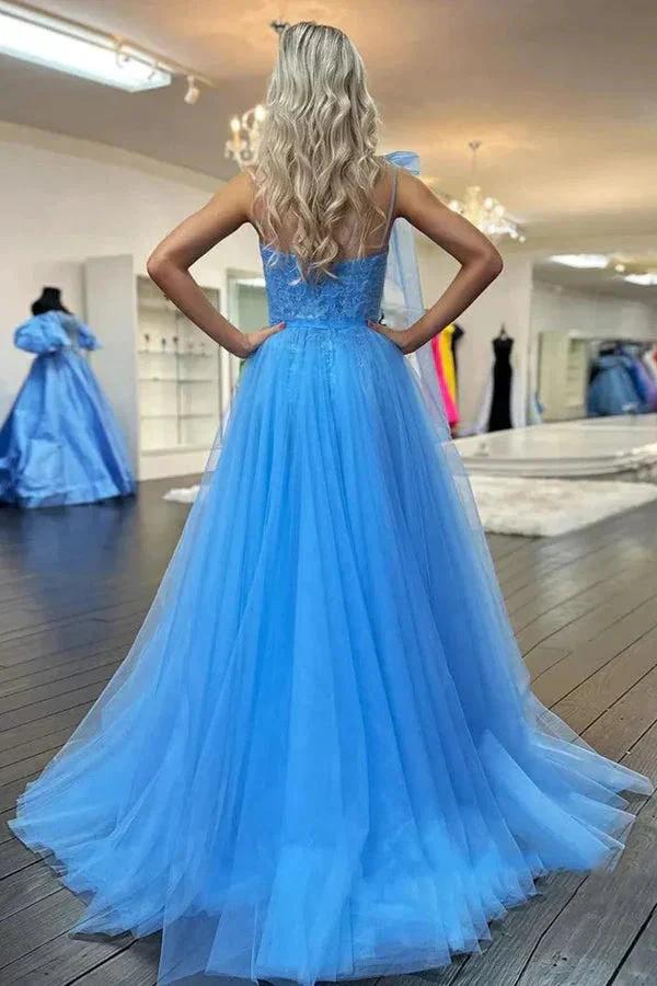 One Shoulder Blue Lace Long Prom Dresses with Slit PSK537 by pgmdress