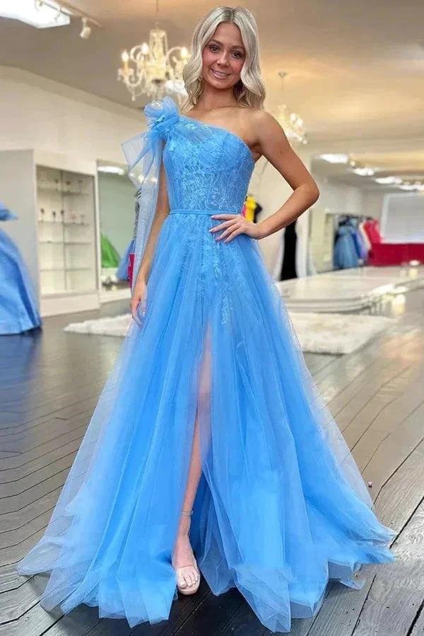 One Shoulder Blue Lace Long Prom Dresses with Slit PSK537 by pgmdress