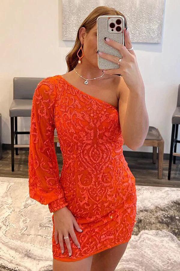 One Shoulder Tight Short Prom Dress Orange Homecoming Dress PD563 by pgmdress