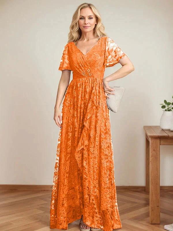 A-Line V-Neck Asymmetrical Lace Mother of the Bride Dress With Cascading Ruffles by Dreamylily