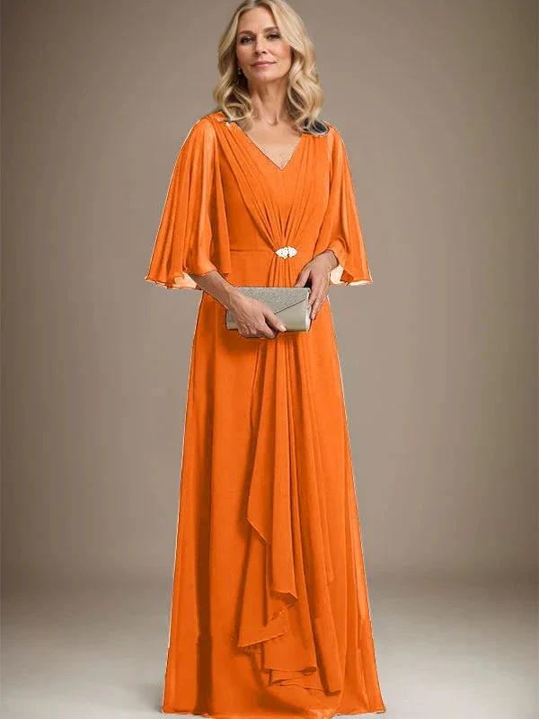 A-line V-Neck Floor-Length Chiffon Mother of the Bride Dress With Cascading Ruffles Crystal Brooch by Dreamylily