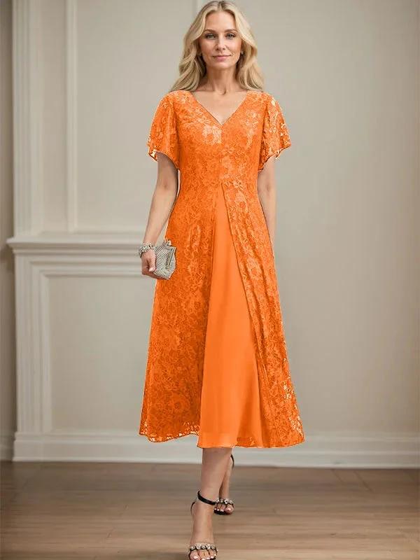 A-line V-Neck Tea-Length Lace Chiffon Mother of the Bride Dress by Dreamylily