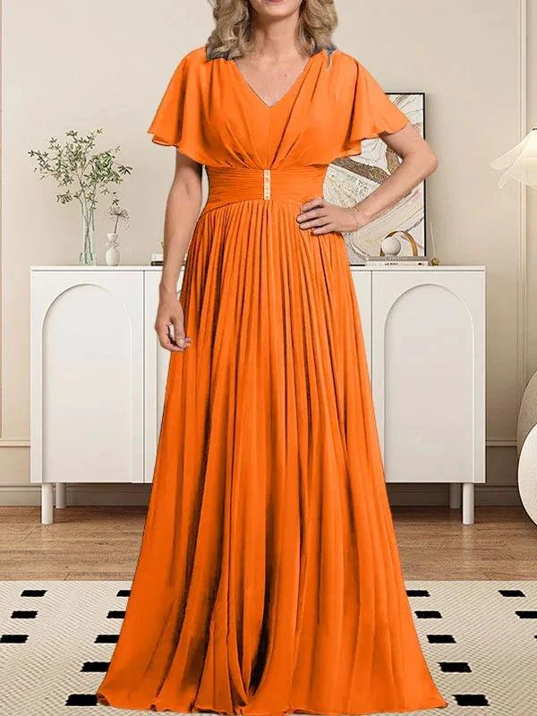 A-line V-Neck Floor-Length Chiffon Mother of the Bride Dress With Crystal Brooch Pleated by Dreamylily