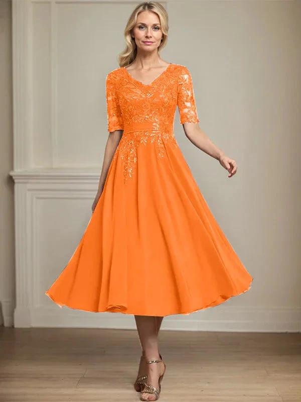 A-line V-Neck Tea-Length Lace Chiffon Mother of the Bride Dress With Sequins by Dreamylily