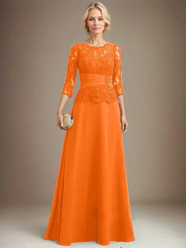 A-line Scoop Illusion Floor-Length Chiffon Lace Mother of the Bride Dress With Pleated Sequins Beading by Dreamylily