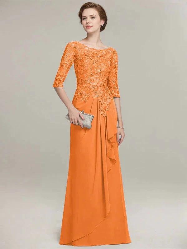 A-line Scoop Illusion Floor-Length Lace Chiffon Mother of the Bride Dress With Cascading Ruffles by Dreamylily