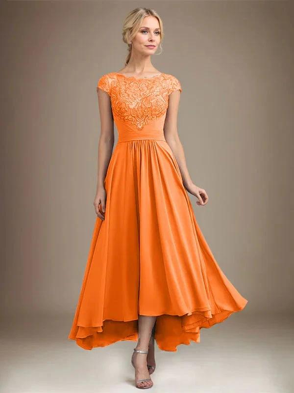 A-line Scoop Illusion Asymmetrical Lace Chiffon Mother of the Bride Dress With Pleated by Dreamylily