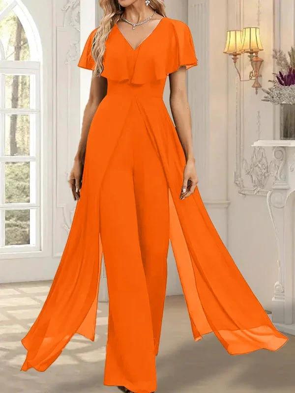 Jumpsuit/Pantsuit V-Neck Floor-Length Chiffon Evening Dress by Dreamylily