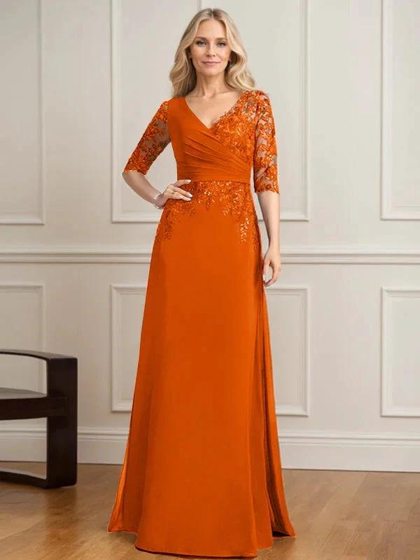 A-line V-Neck Floor-Length Lace Chiffon Mother of the Bride Dress With Pleated Sequins by Dreamylily