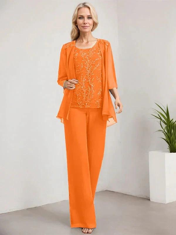 Separates Jumpsuit/Pantsuit Scoop Floor-Length Lace Chiffon Mother of the Bride Dress With Sequins by Dreamylily