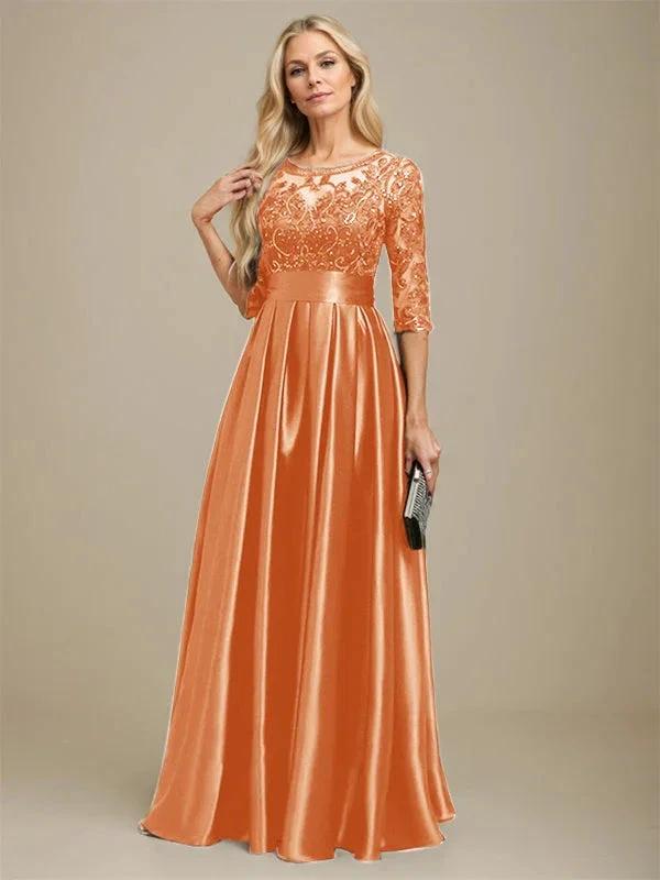 A-line Scoop Illusion Floor-Length Stretch Satin Lace Mother of the Bride Dress With Bow Sequins by Dreamylily