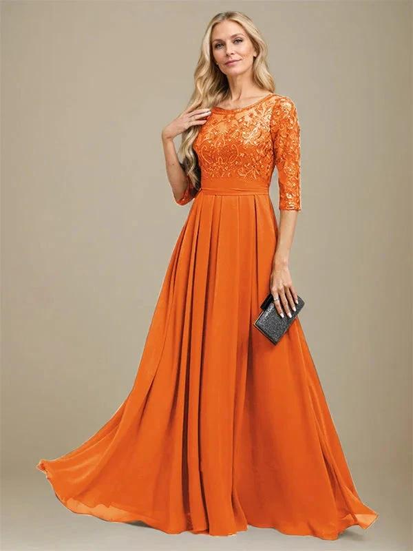 A-Line Scoop Floor-Length Lace Chiffon Mother Of the Bride Dress With Sequins Applique by Dreamylily