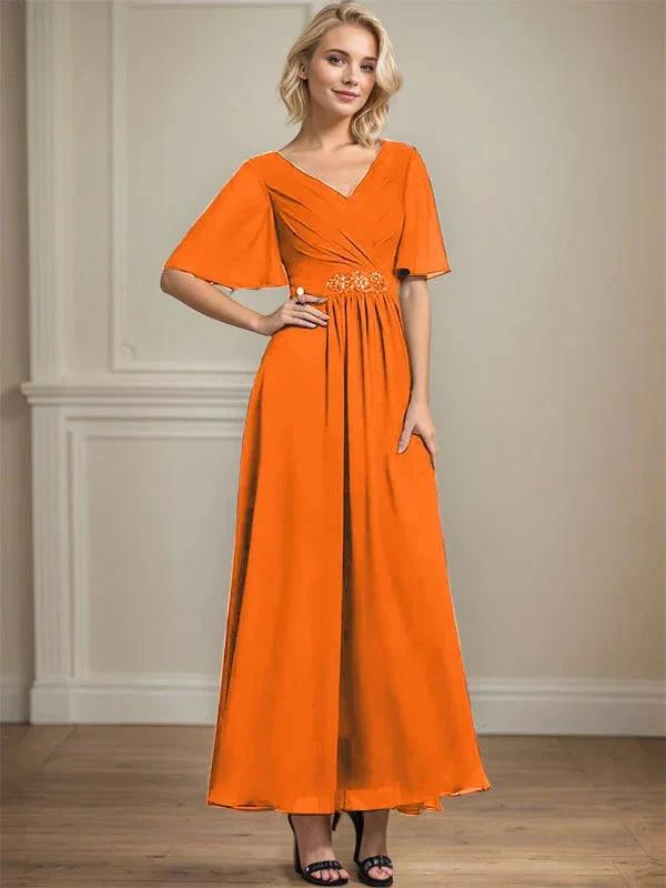 A-line V-Neck Ankle-Length Chiffon Mother of the Bride Dress With Pleated Beading Sequins by Dreamylily