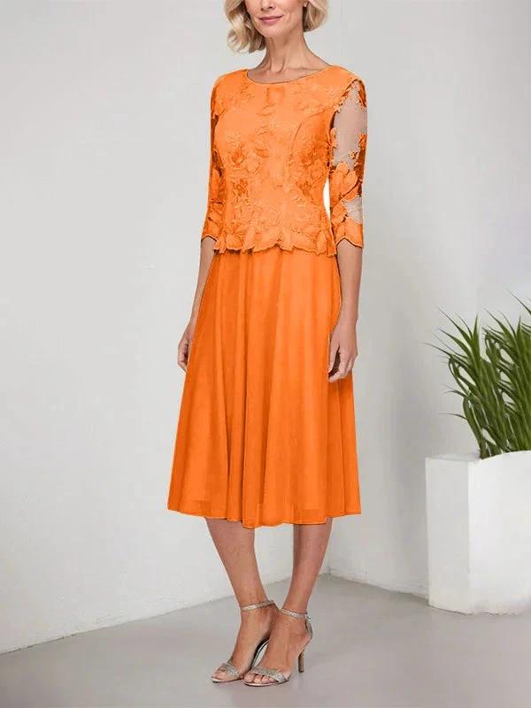 A-line Scoop Tea-Length Lace Chiffon Mother of the Bride Dress With Embroidery by Dreamylily