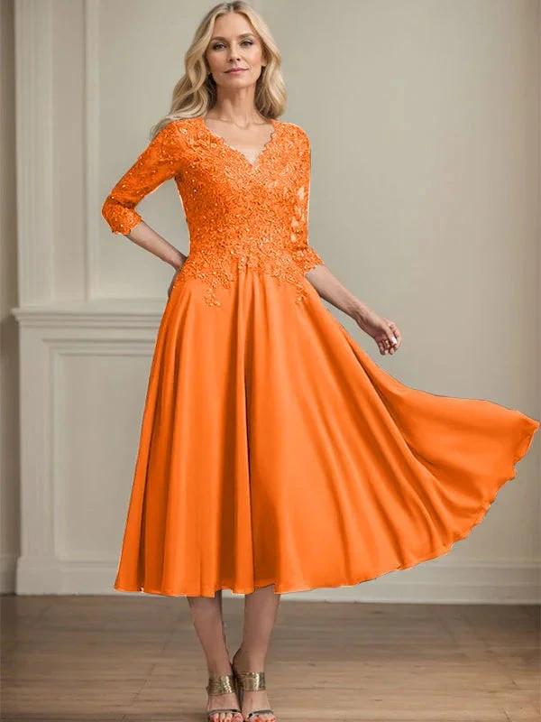 A-line V-Neck Tea-Length Chiffon Lace Mother of the Bride Dress With Beading Sequins by Dreamylily