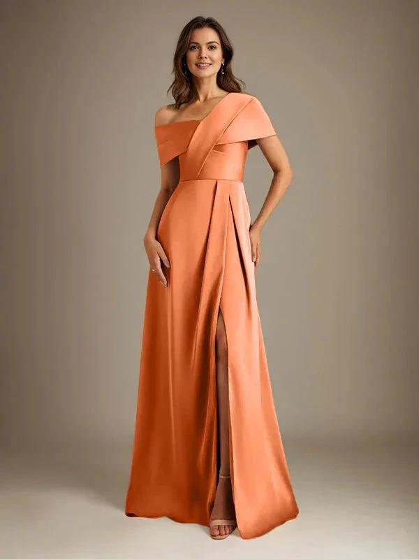 A-Line Asymmetrical Neckline Floor-Length Satin Mother of the Bride Dress With Pleated by Dreamylily