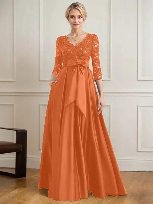 A-line V-Neck Floor-Length Satin Lace Mother of the Bride Dress With Sequins Bow by Dreamylily