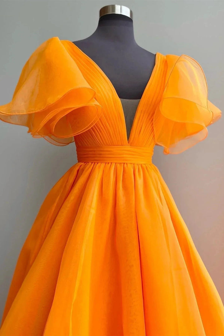 Orange Plunge V Ruffled Sleeve A-Line Long Formal Dress by KissProm