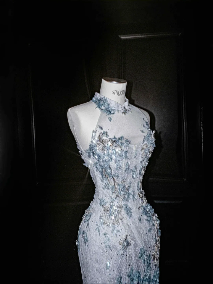 Dream Blue Tulle Sequins Appliques Mermaid Evening Dress Long Prom Dress Y8673 by simplepromdress