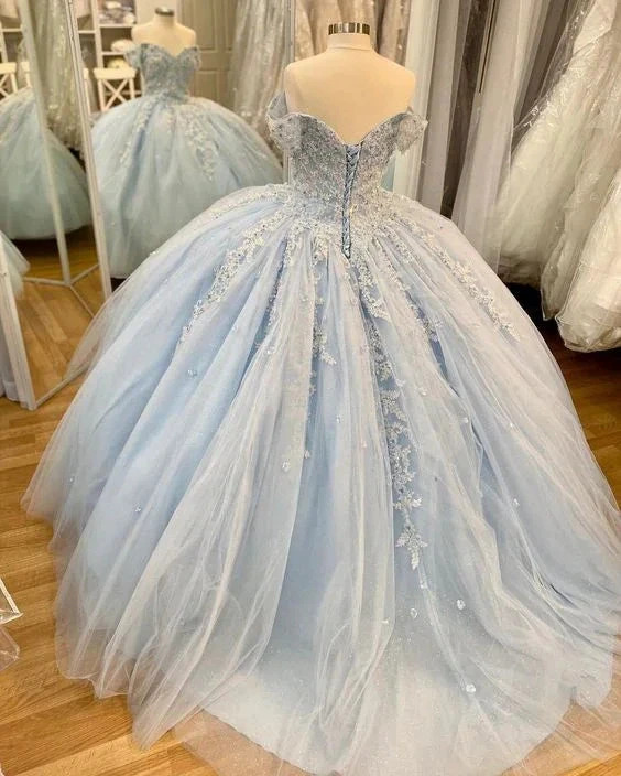Off The Shoulder Blue Lace Tulle Ball Gown,Blue Sweet 16 Dress,Princess Dress Y2061 by simplepromdress