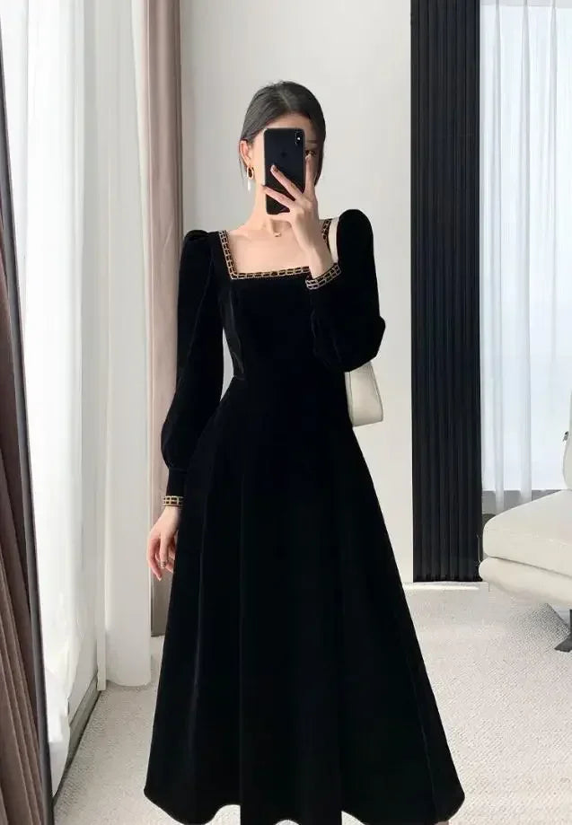 Velvet Dress Women Long Sleeve Square Neck Elegant Bodycon Patchwork Fashion Evening Dress Y6744 by simplepromdress