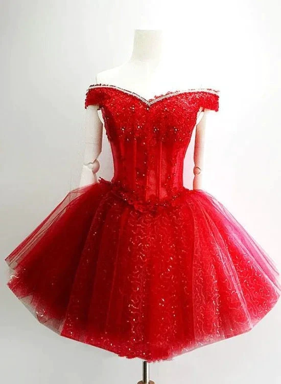 Adorable Red Sweetheart Shiny Tulle Off Shoulder Short Homecoming Dress Red Party Dress Y1212 by simplepromdress