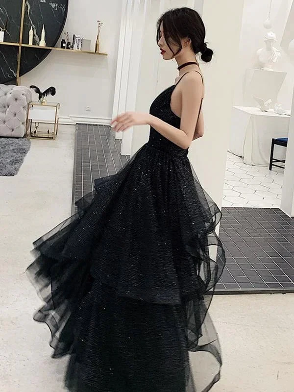 Shiny Black V Neck Prom Dresses, Backless Black V Neck Formal Evening Dress Y1767 by simplepromdress