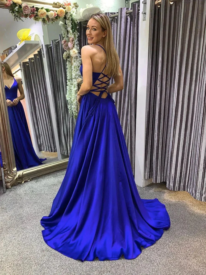 Simple A line blue long prom dress, backless blue evening dress Y367 by simplepromdress